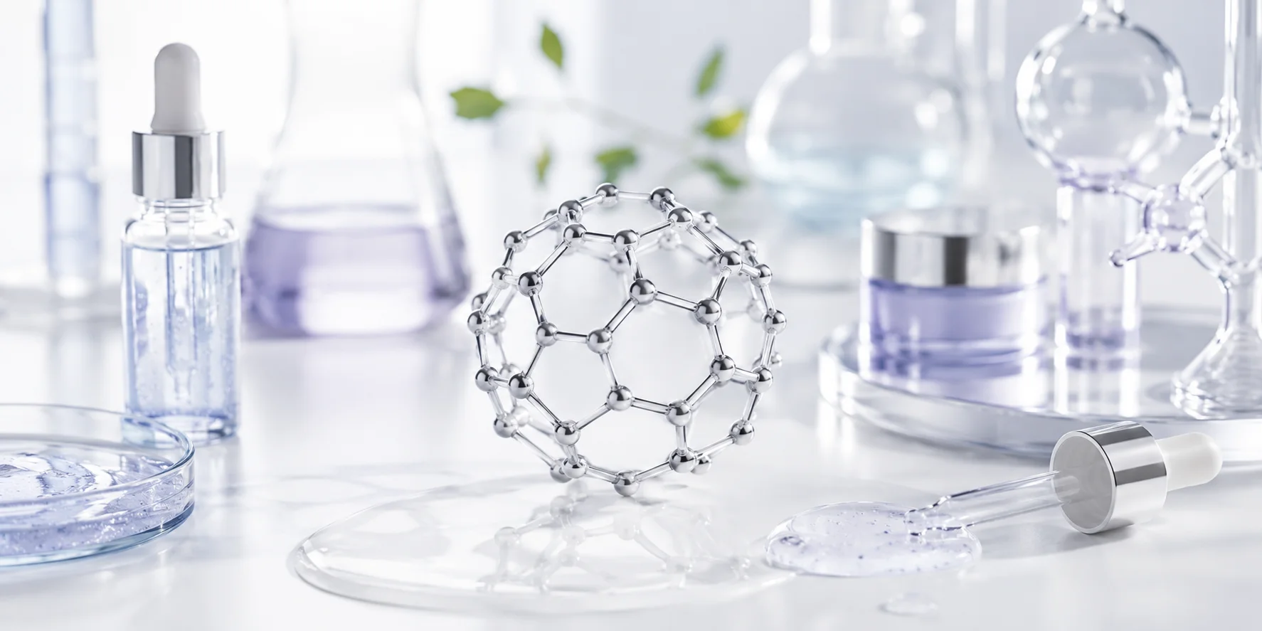 A molecular structure model and skincare ingredients on a laboratory table with petri dishes, serums, and glass equipment.